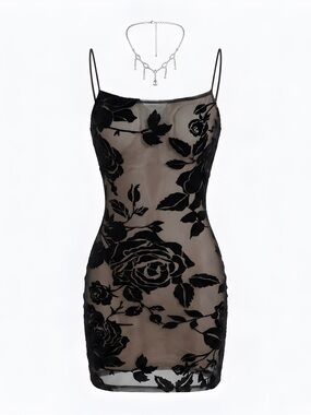 Windsor Black Sheer Floral Velvet Appliqué Mini Dress